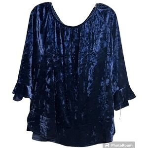 New Directions Women's XL Top Crushed Velveteen Navy Bell Sleeve NWT